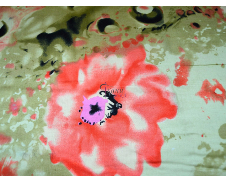 Штапель набивной "Красные цветы на оливковом" 0021