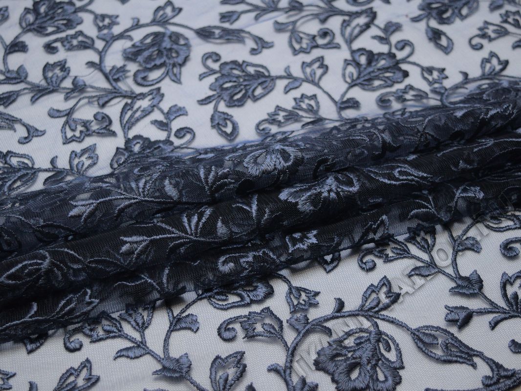 Сетка с вышивкой темно-синяя с цветами - фото 3