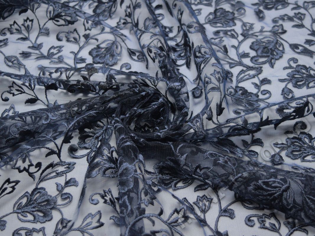 Сетка с вышивкой темно-синяя с цветами - фото 4