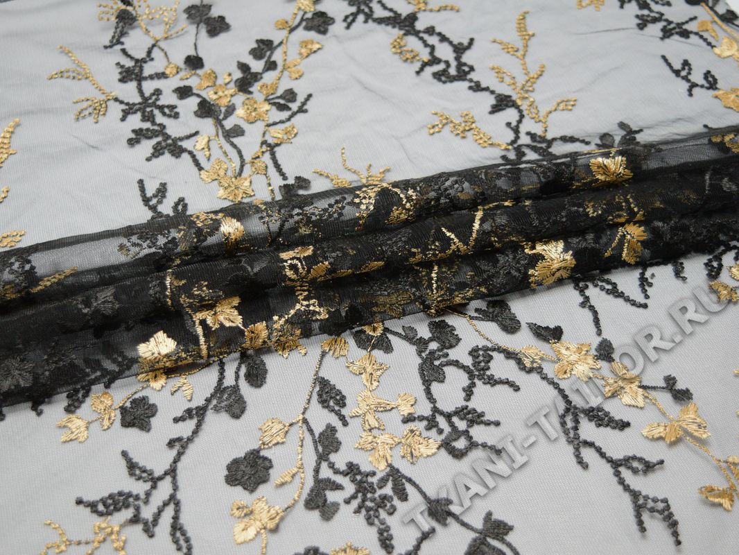 Сетка с вышивкой черно бежевые цветы - фото 1
