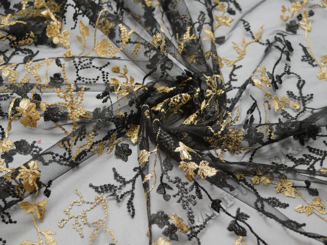 Сетка с вышивкой черно бежевые цветы - фото 3