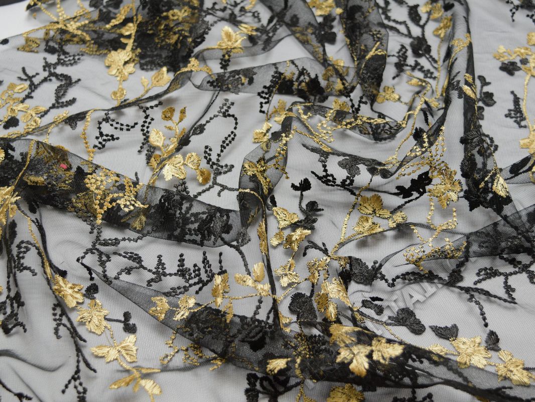 Сетка с вышивкой черно бежевые цветы - фото 4
