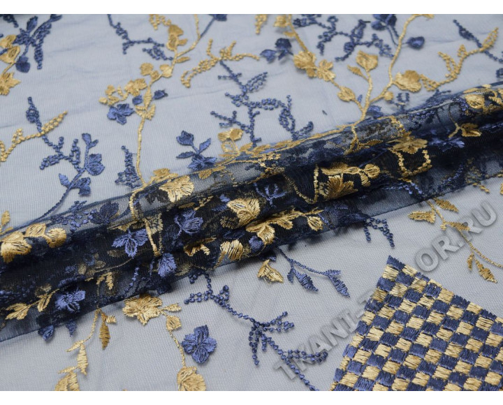 Сетка с вышивкой темно-синие бежевые цветы