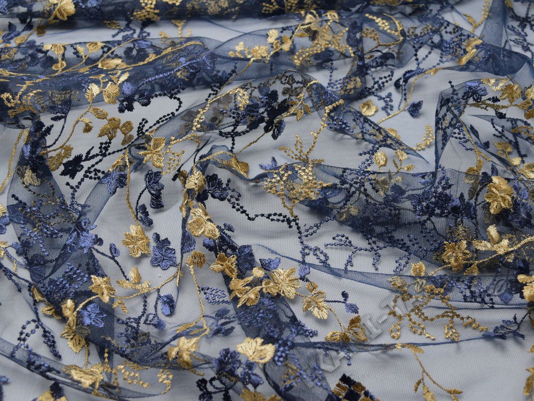 Сетка с вышивкой темно-синие бежевые цветы - фото 5