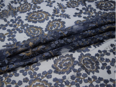 Сетка с вышивкой темно-синие с золотом цветы - фото