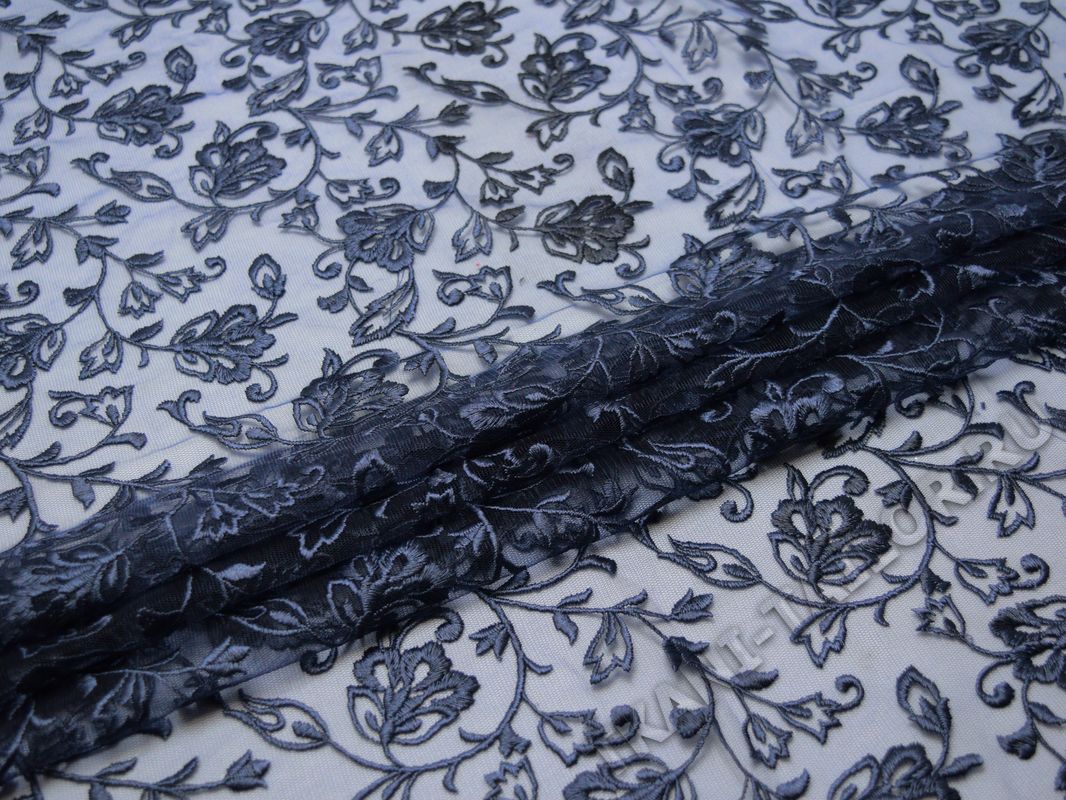 Сетка с вышивкой темно-синие цветы - фото 1