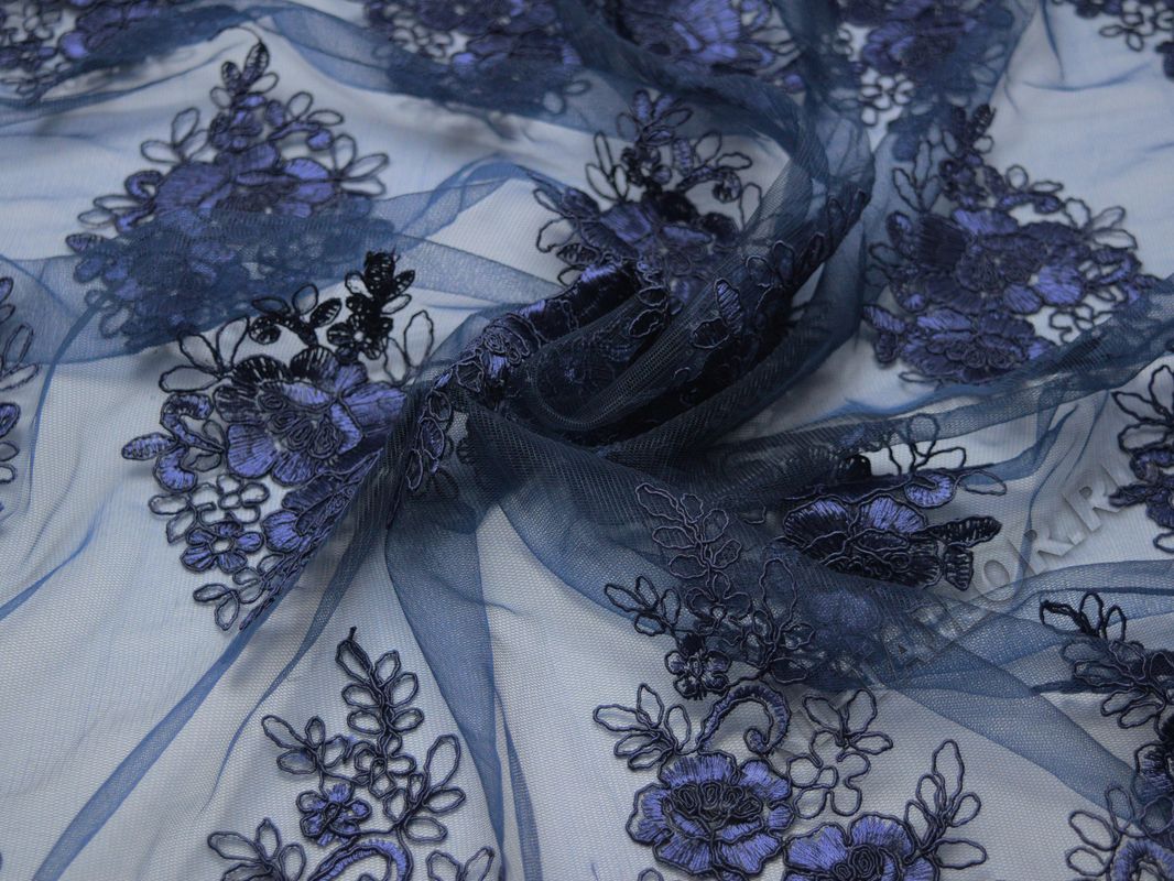 Сетка темно-синяя с вышивкой крупные цветы - фото 4