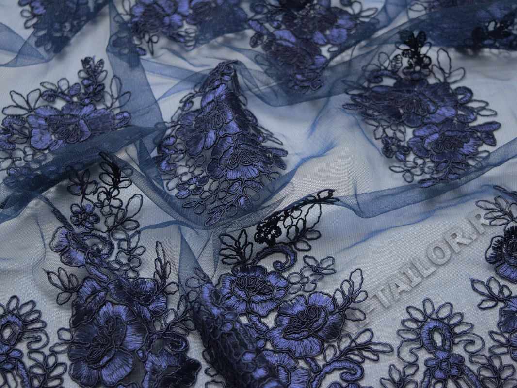 Сетка темно-синяя с вышивкой крупные цветы - фото 5