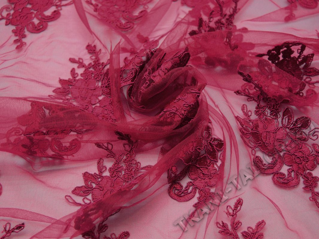 Сетка с вышивкой бордовые цветы - фото 4