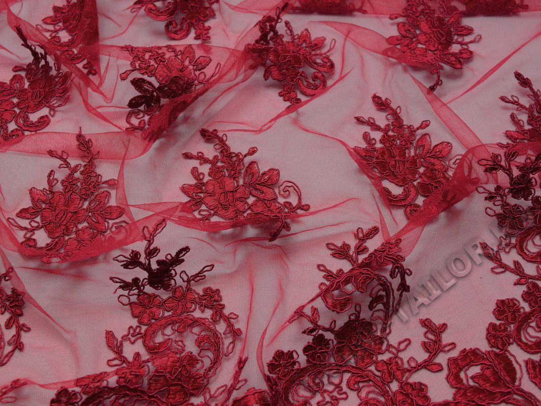 Сетка с вышивкой бордовые цветы - фото 5