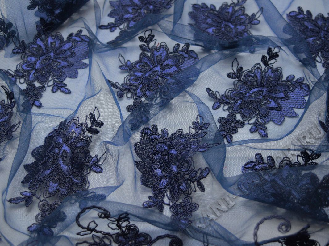 Сетка темно-синяя с вышивкой принт цветы - фото 5