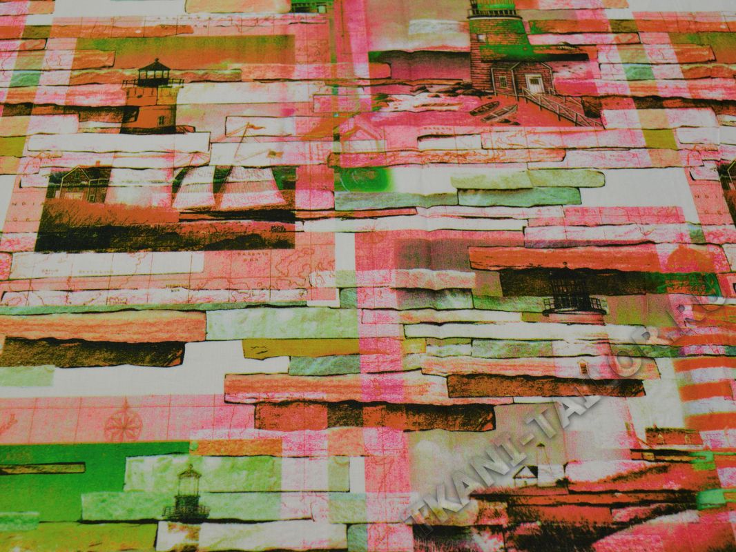 Плательная ткань розово-зеленая с абстрактным принтом - фото 2