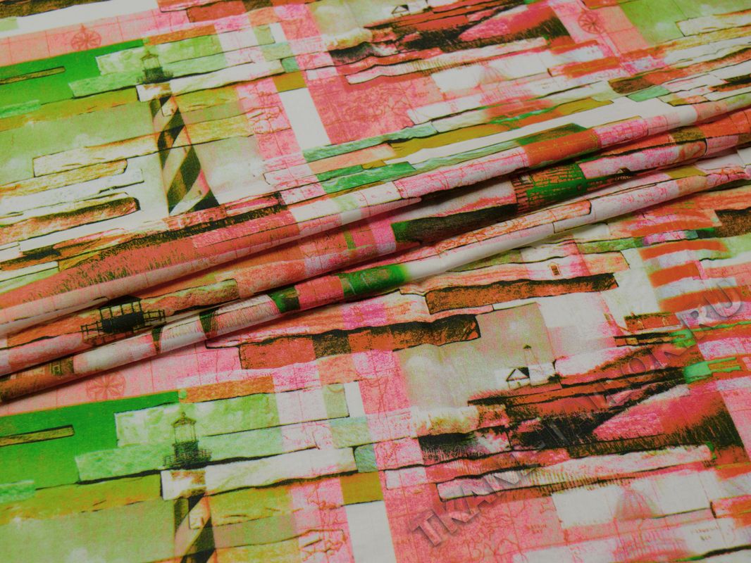 Плательная ткань розово-зеленая с абстрактным принтом - фото 1