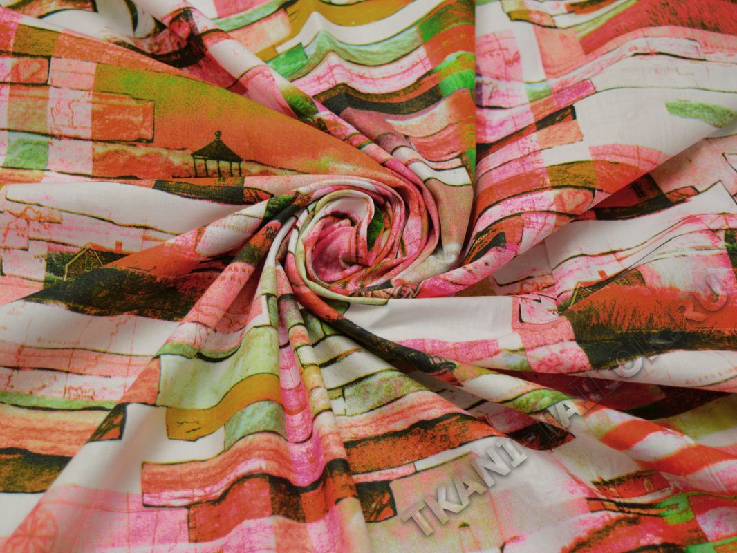 Плательная ткань розово-зеленая с абстрактным принтом - фото 4