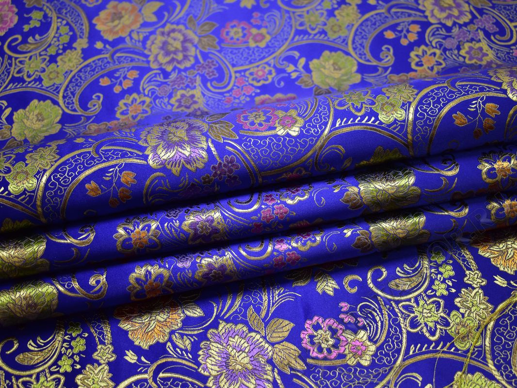 Китайский шелк синий с золотыми цветами - фото 1