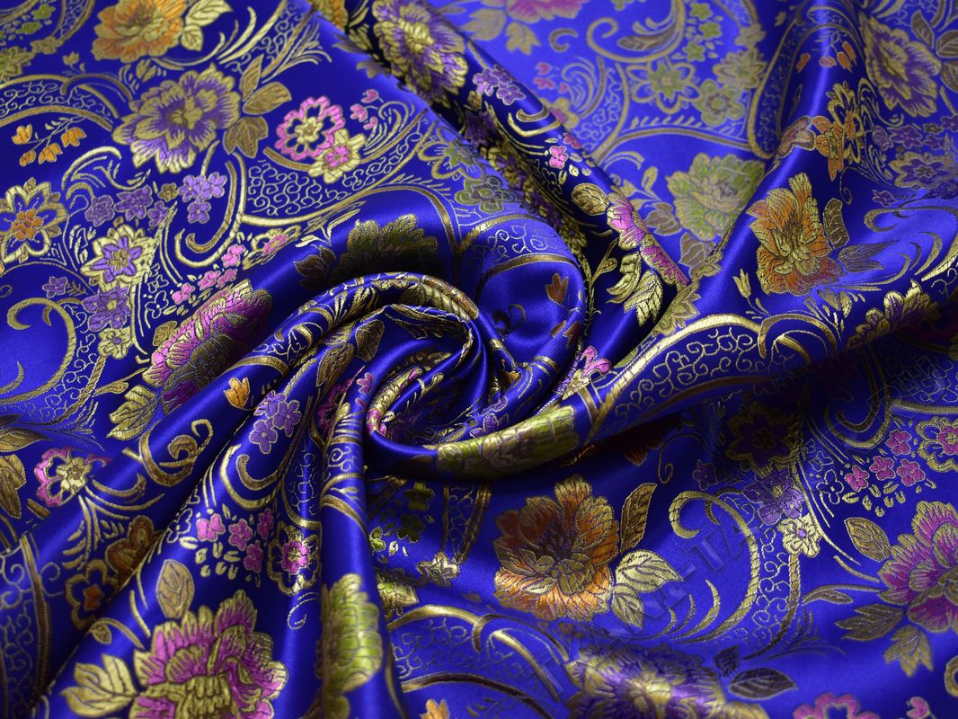 Китайский шелк синий с золотыми цветами - фото 4