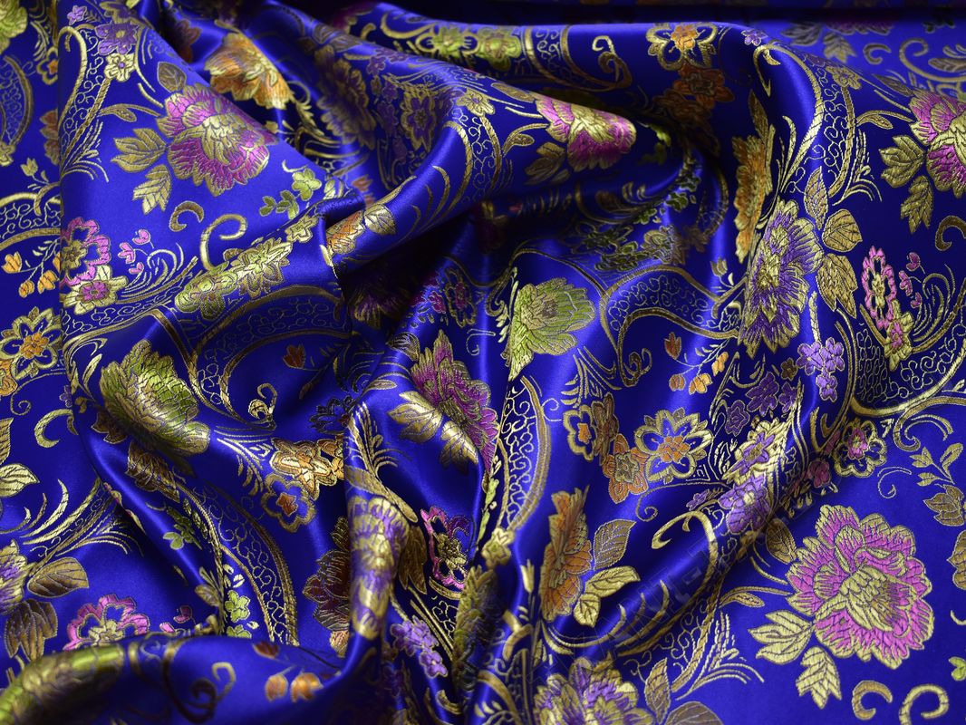 Китайский шелк синий с золотыми цветами - фото 5