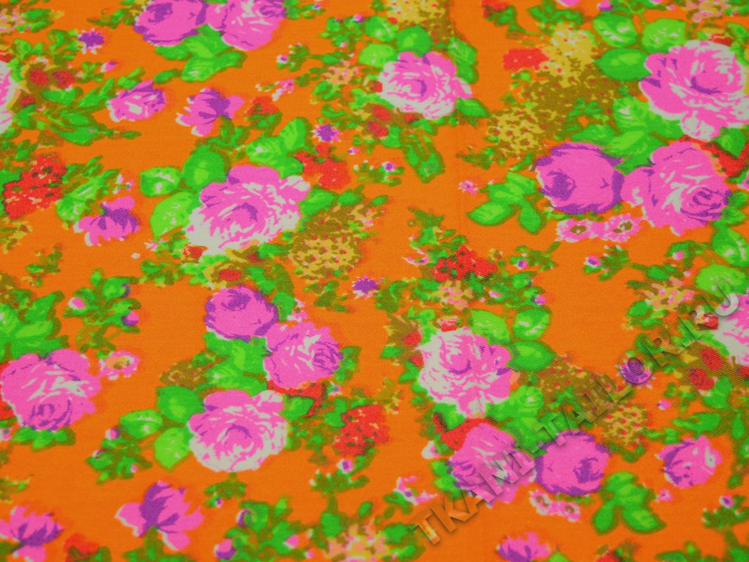 Джинсовая ткань оранжевая цветочный принт - фото 2