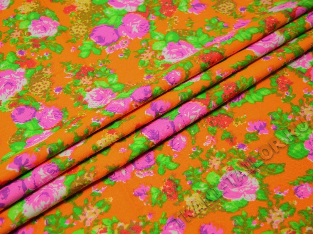 Джинсовая ткань оранжевая цветочный принт - фото 3