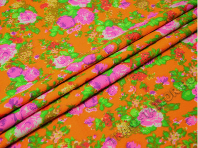 Джинсовая ткань оранжевая цветочный принт