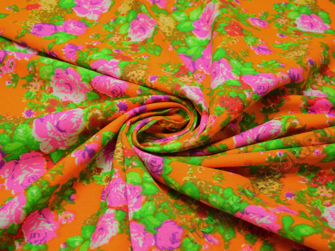 Джинсовая ткань оранжевая цветочный принт - фото 4