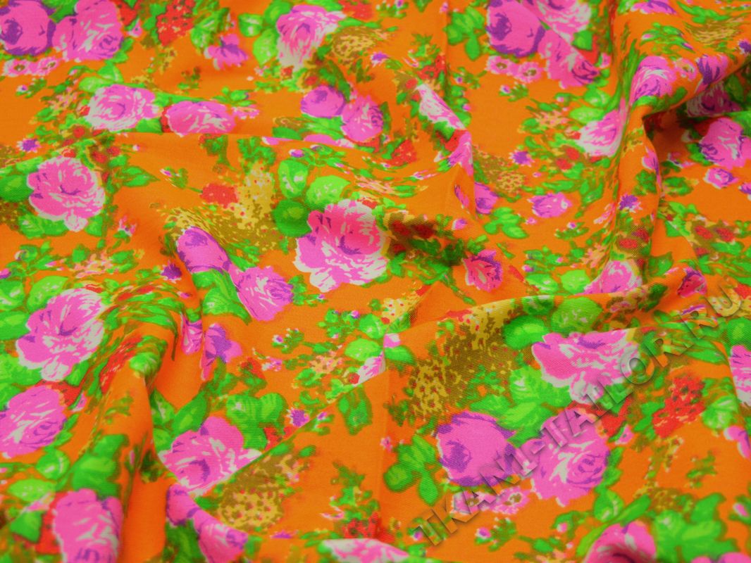 Джинсовая ткань оранжевая цветочный принт - фото 5