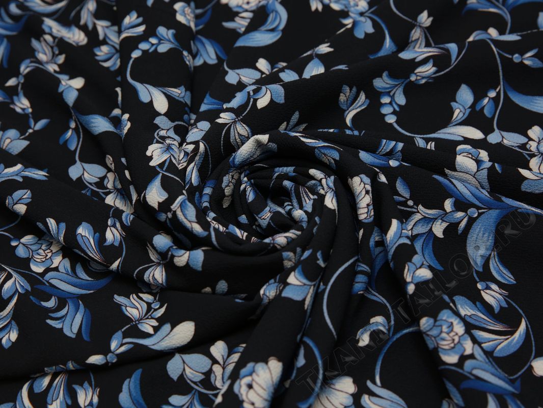 Плательная ткань черная голубые цветы - фото 4