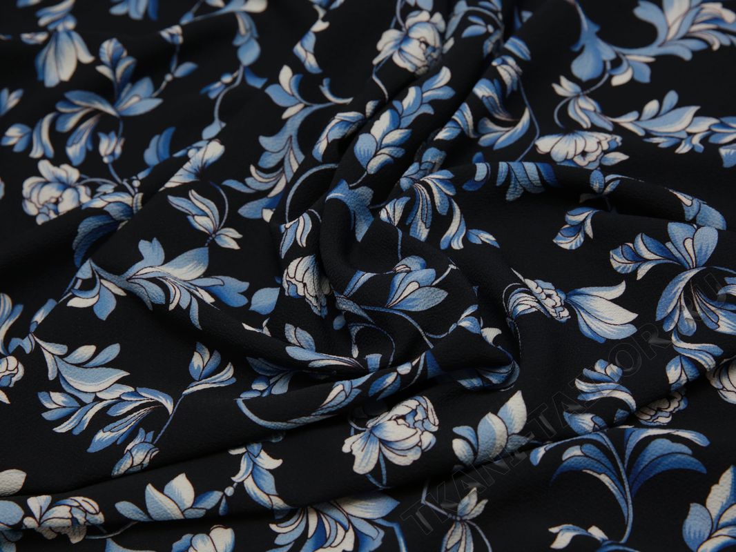 Плательная ткань черная голубые цветы - фото 5