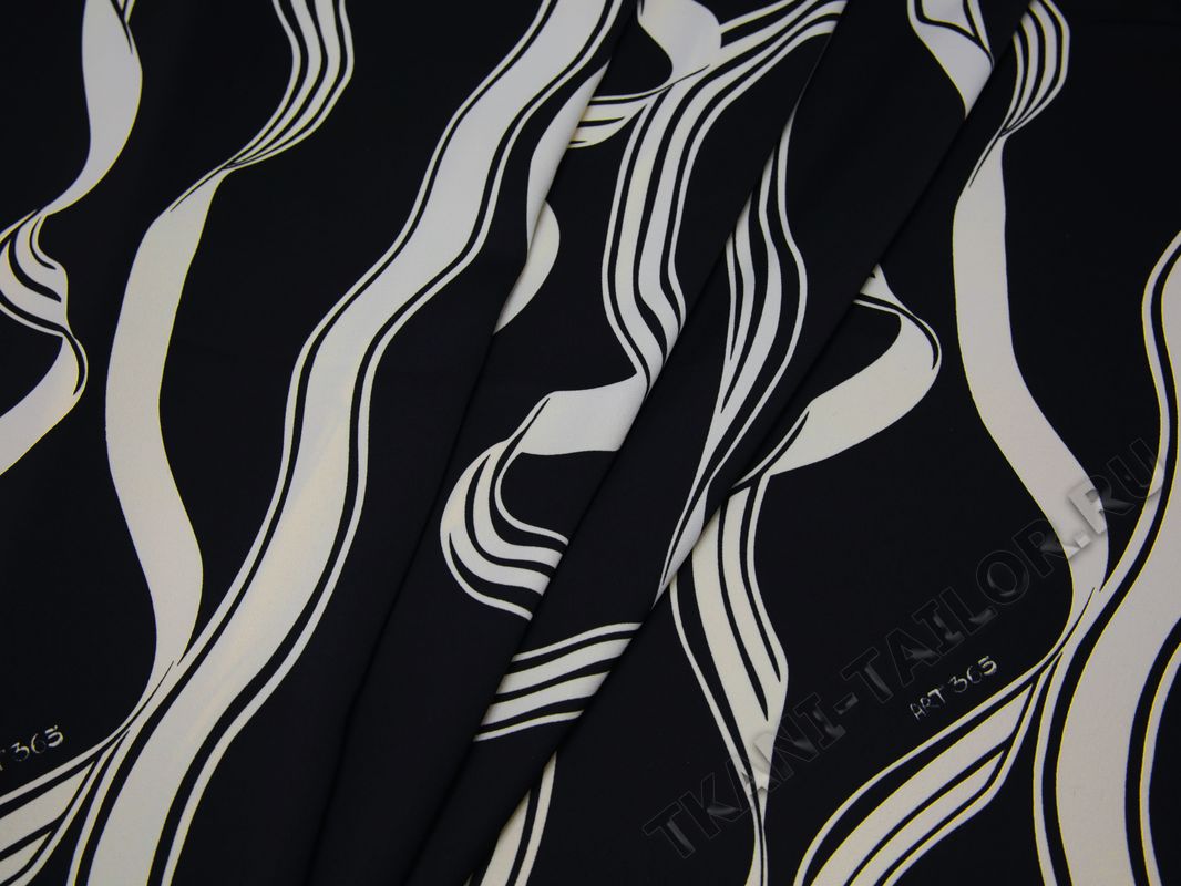 Плательная ткань черная с белым волнистые полосы - фото 3