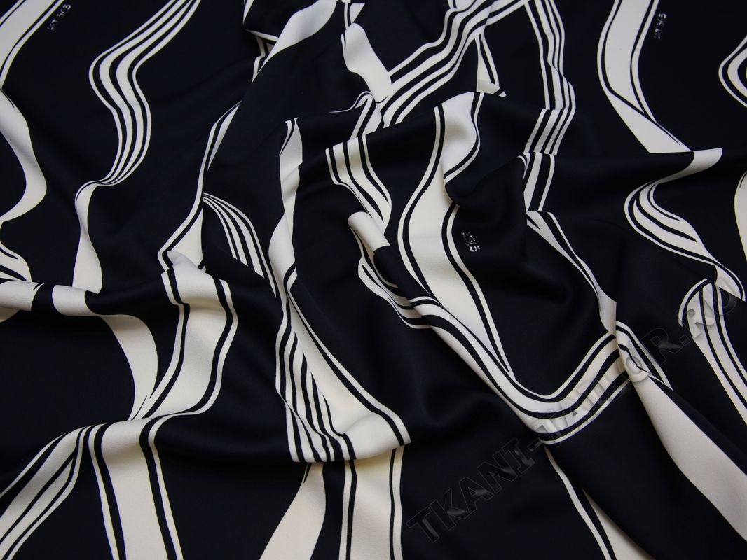 Плательная ткань черная с белым волнистые полосы - фото 5