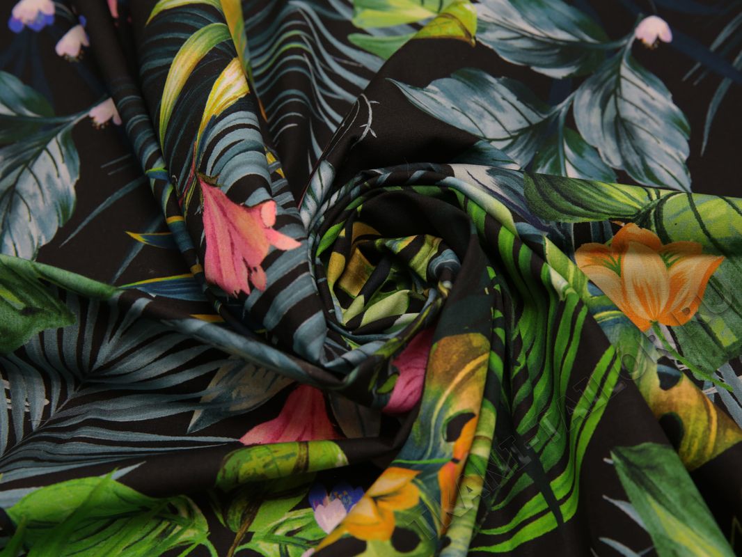 Плательная ткань хлопковая черная тропический принт - фото 4
