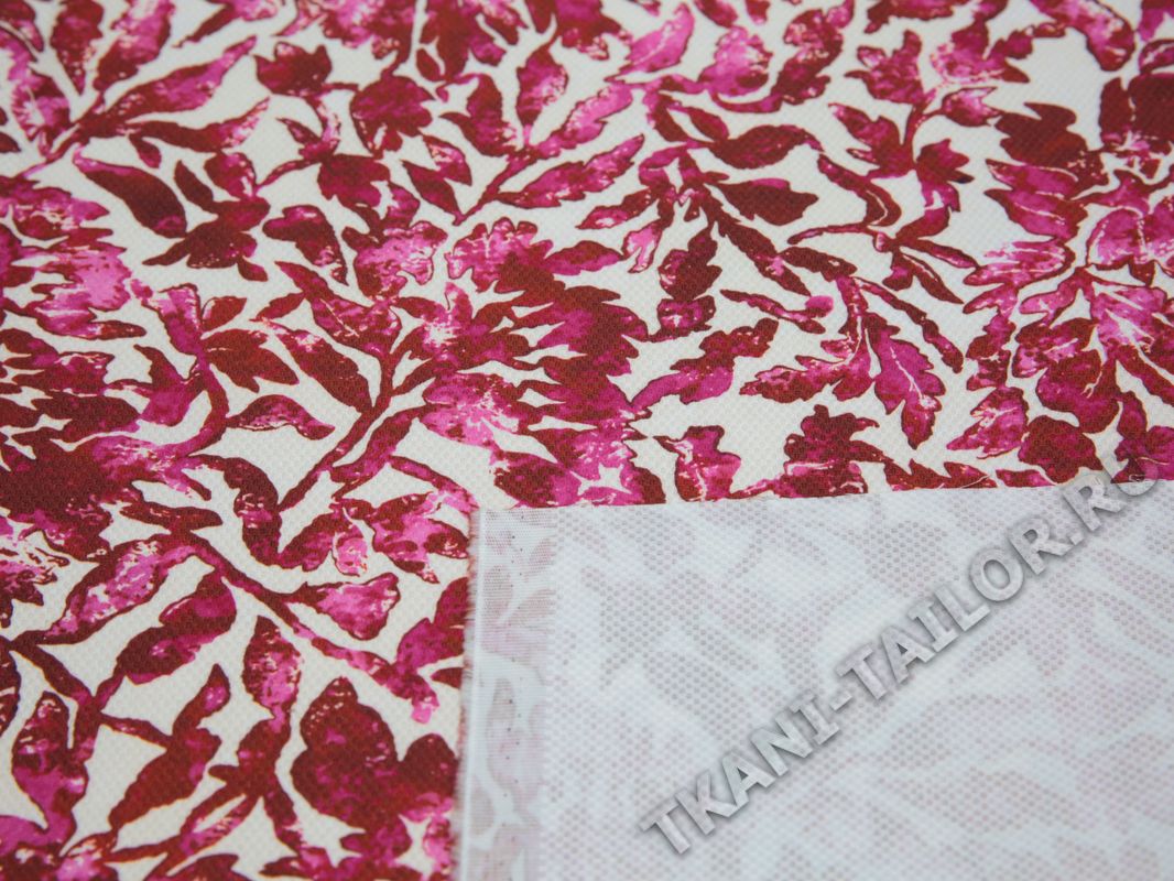 Плательная ткань хлопковая айвори розовый принт листья - фото 2