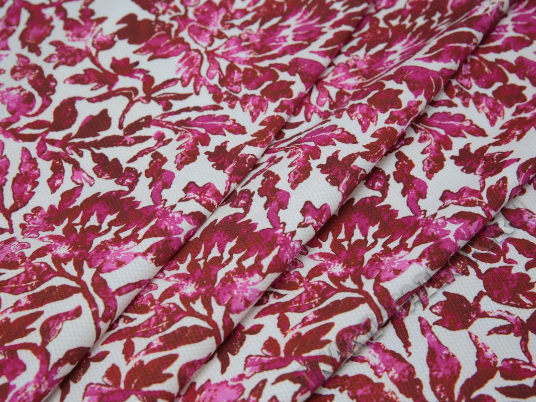 Плательная ткань хлопковая айвори розовый принт листья - фото 3