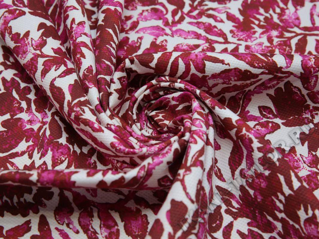Плательная ткань хлопковая айвори розовый принт листья - фото 4
