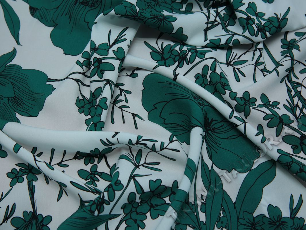 Плательная ткань белая принт зеленые цветы - фото 5