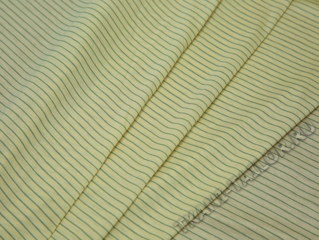 Трикотажная ткань желтая в узкую зеленую полоску - фото 1