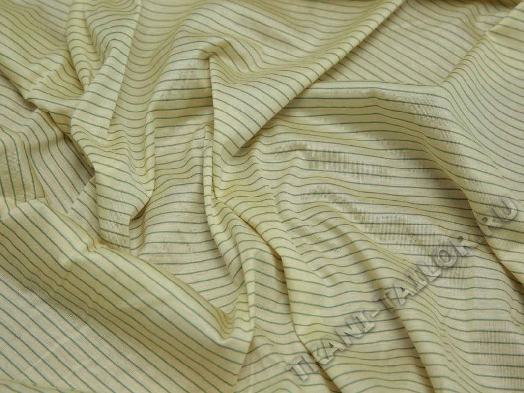 Трикотажная ткань желтая в узкую зеленую полоску - фото 5