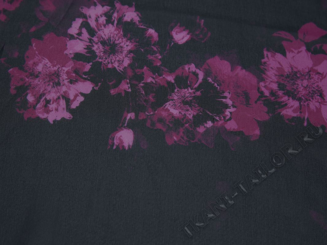 Шифон шелковый черный с розовыми цветами - фото 2