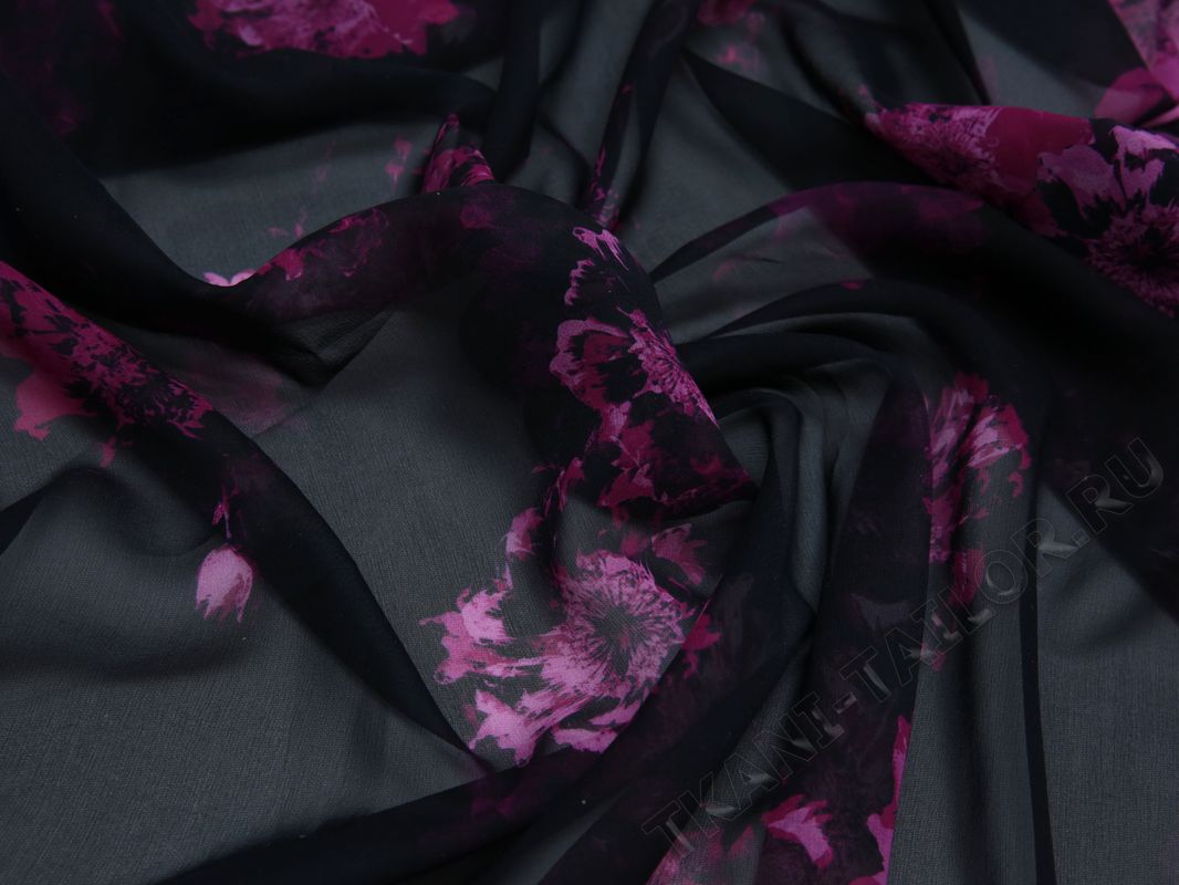 Шифон шелковый черный с розовыми цветами - фото 5
