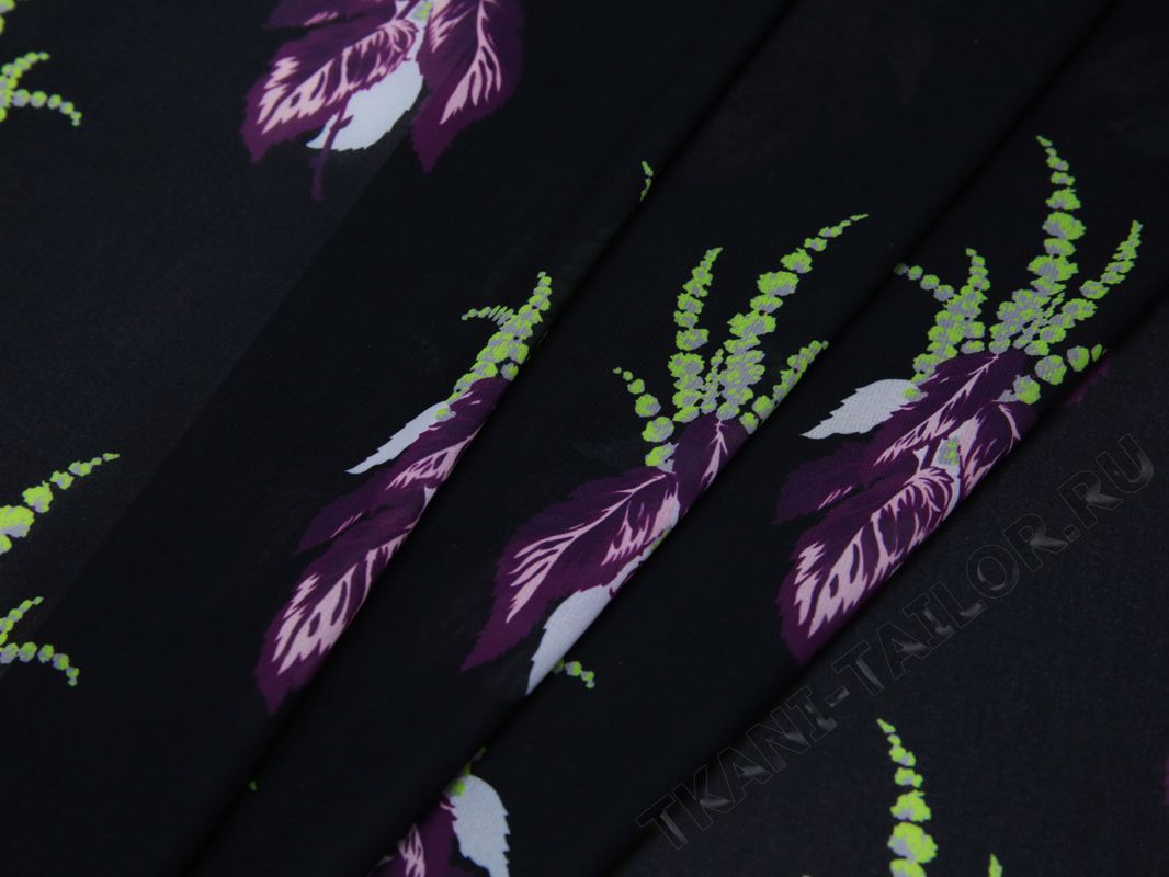 Шифон черный с фиолетовыми цветами - фото 3