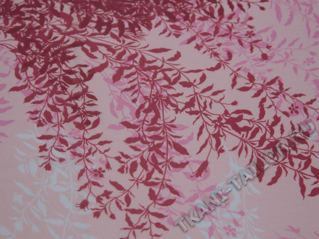 Сетка-стрейч розовая принт листья - фото 1