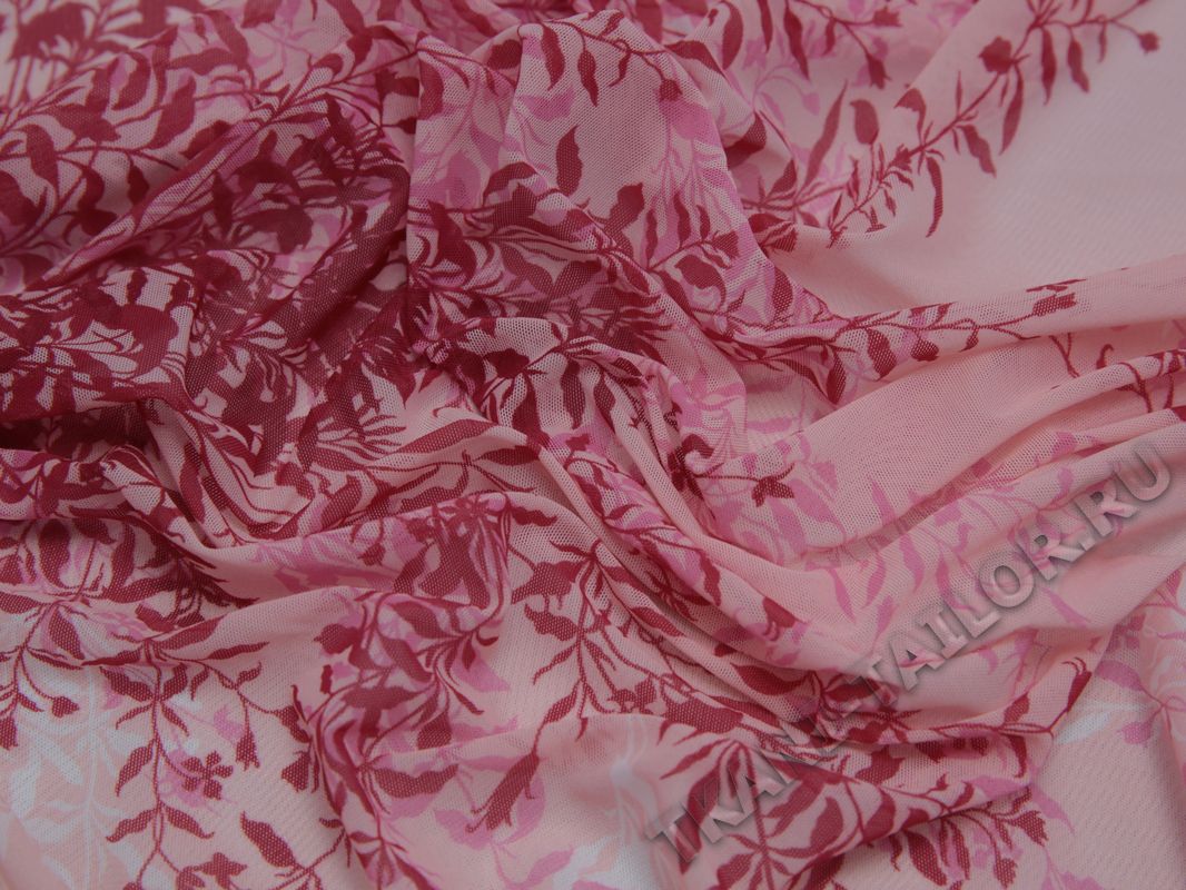 Сетка-стрейч розовая принт листья - фото 5