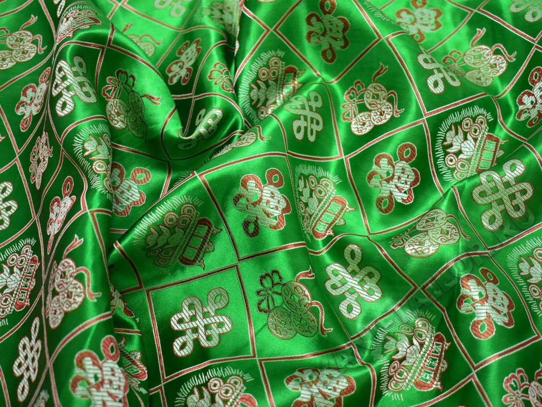 Китайский шелк зеленый геометрический принт - фото 5