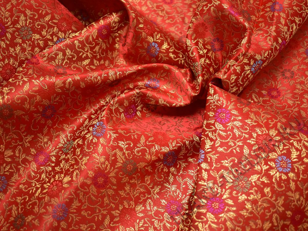 Китайский шелк красный цветочный принт - фото 1