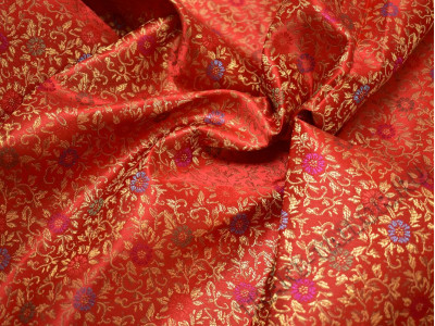 Китайский шелк красный цветочный принт - фото
