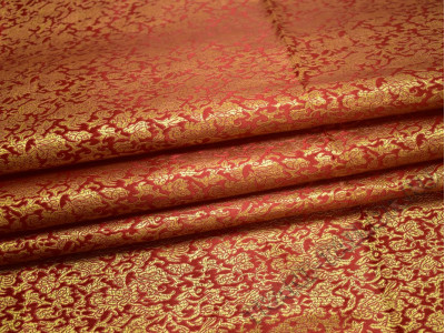 Китайский шелк красный золотистый принт - фото
