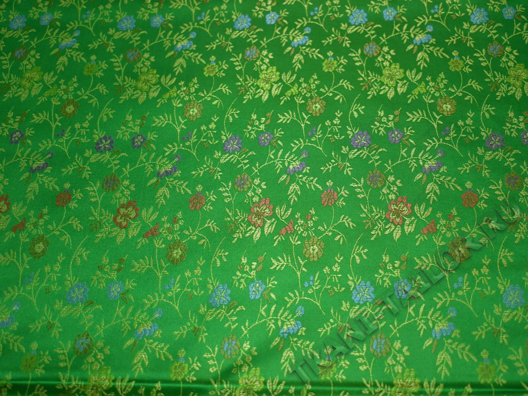 Китайский шелк зеленый с цветочным узором - фото 2