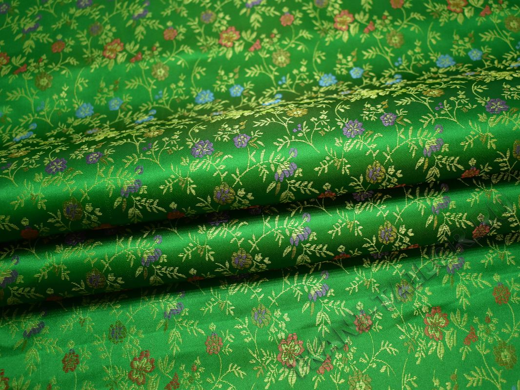 Китайский шелк зеленый с цветочным узором - фото 3