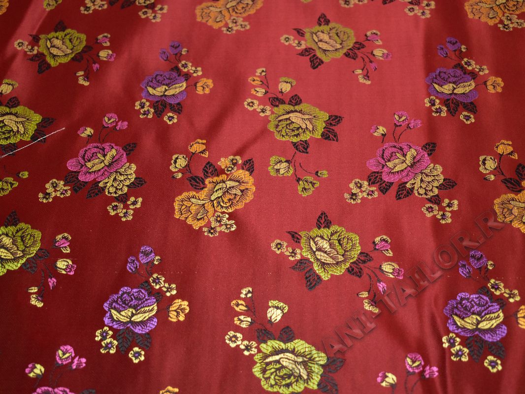 Китайский шелк бордовый цветочный принт - фото 1