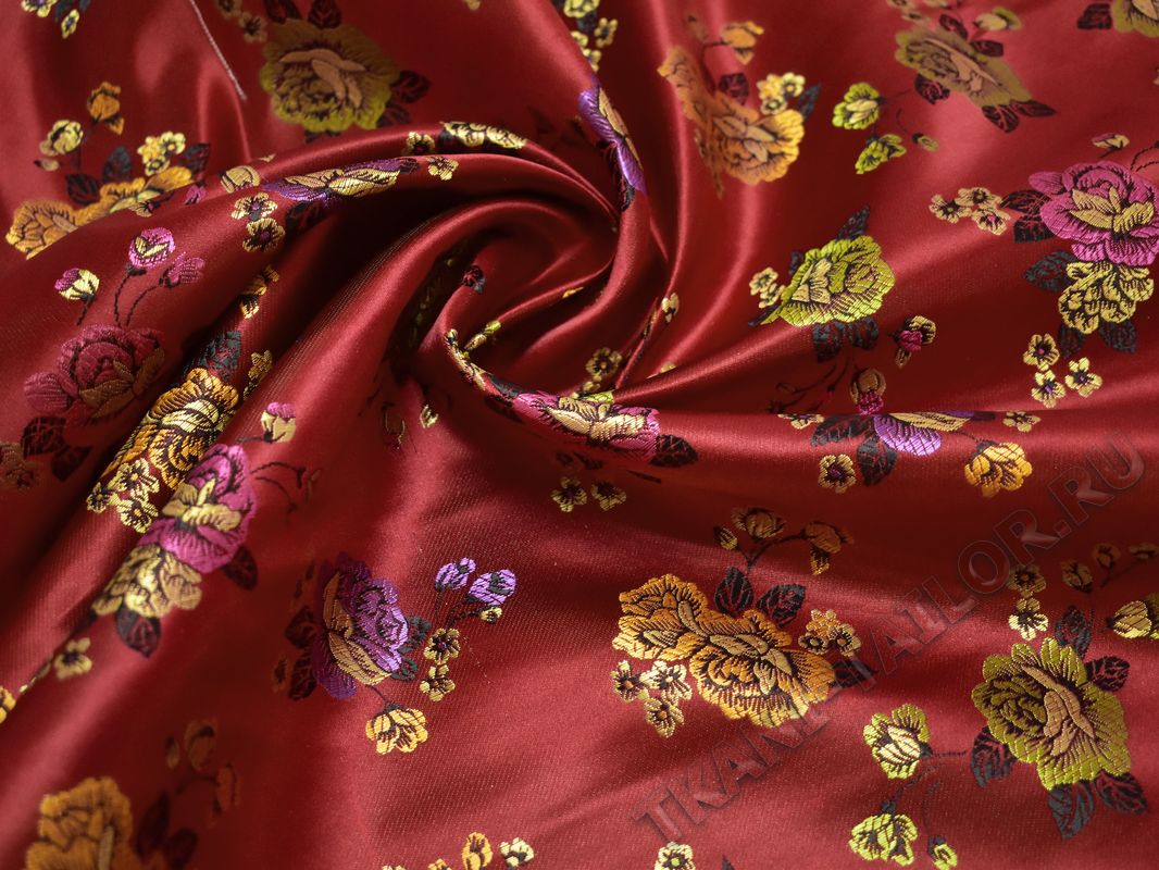Китайский шелк бордовый цветочный принт - фото 4